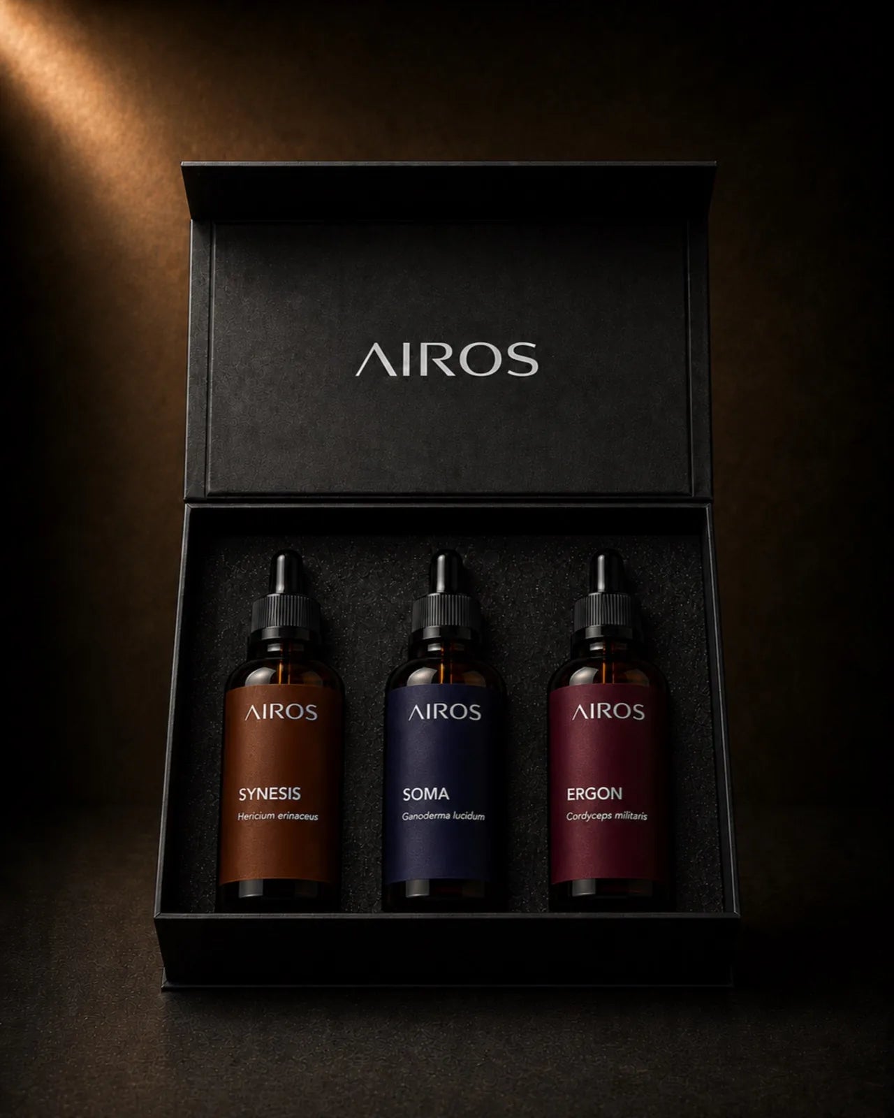 Kit Sistema Essencial · SYNESIS + SOMA + ERGON — frasco e embalagem